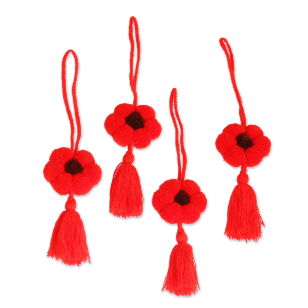 Floral Cotton Ornaments in Scarlet from Mexico (Set of 4) - Flower Festivity in Scarlet