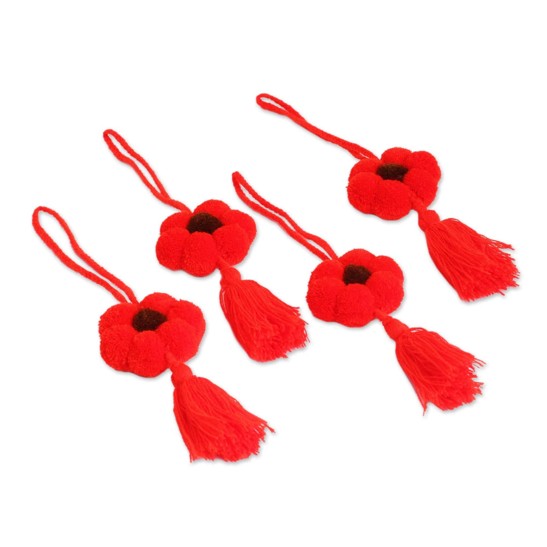 Floral Cotton Ornaments in Scarlet from Mexico (Set of 4) - Flower Festivity in Scarlet