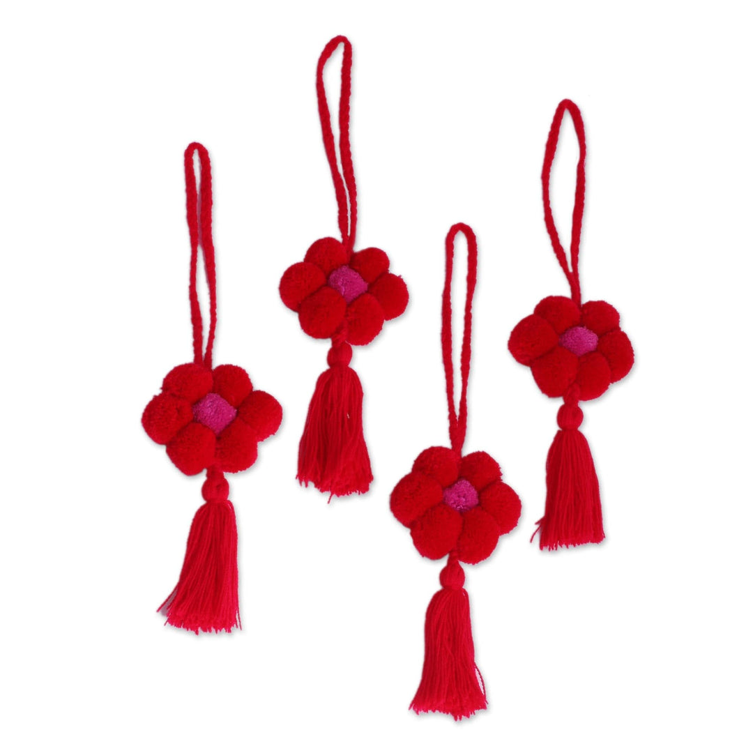 Floral Cotton Ornaments in Crimson from Mexico (Set of 4) - Flower Festivity in Crimson