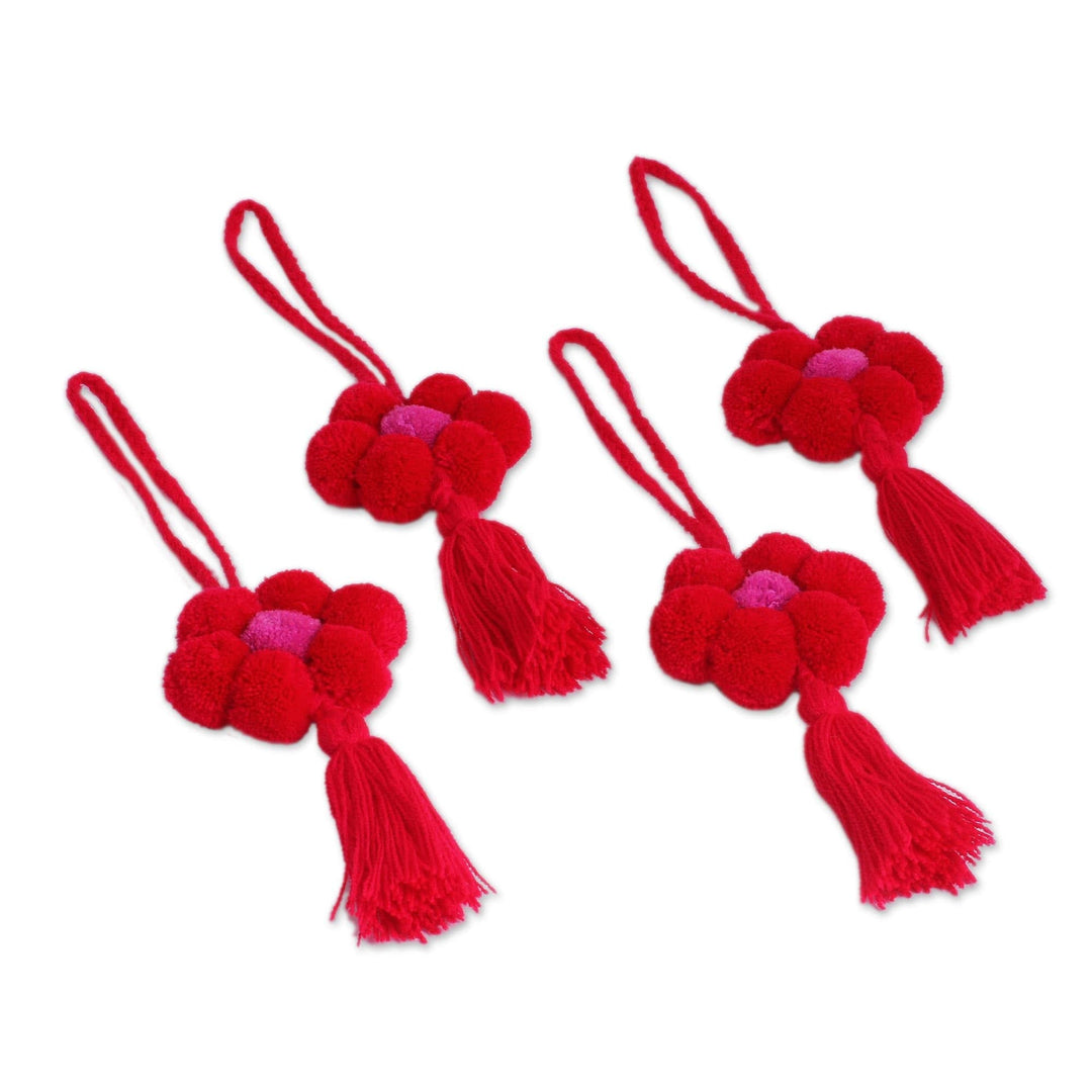 Floral Cotton Ornaments in Crimson from Mexico (Set of 4) - Flower Festivity in Crimson