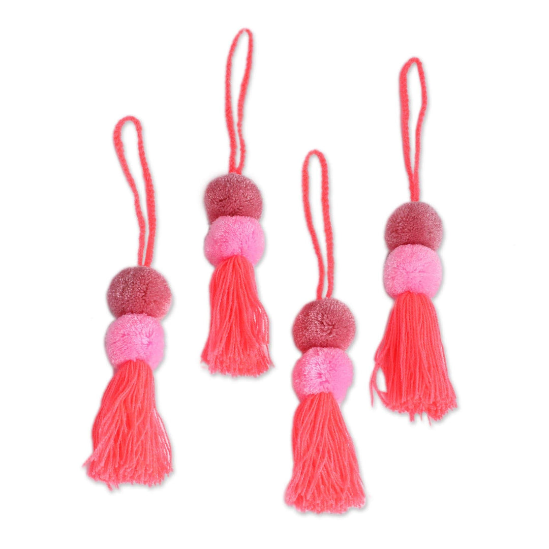 Cotton Pompom Ornaments in Mauve and Carnation (Set of 4) - Feminine Pompoms