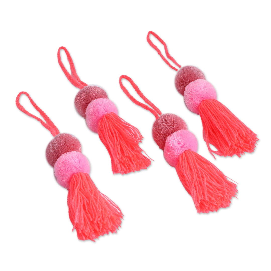 Cotton Pompom Ornaments in Mauve and Carnation (Set of 4) - Feminine Pompoms