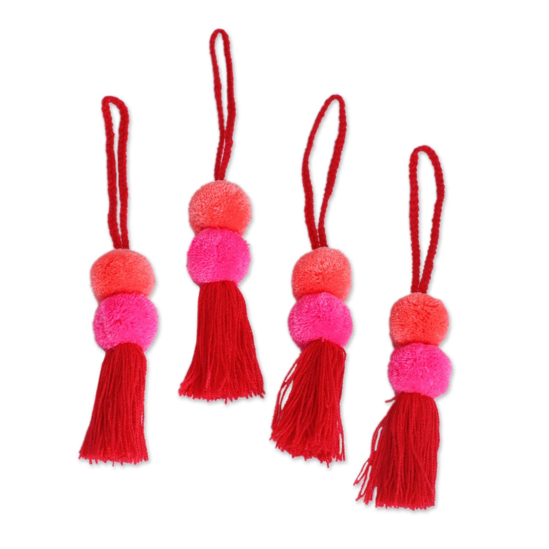 Cotton Pompom Ornaments in Rose and Geranium (Set of 4) - Bright Pompoms