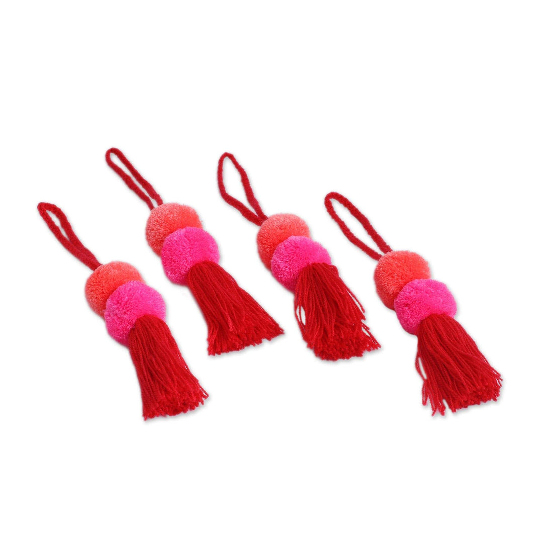 Cotton Pompom Ornaments in Rose and Geranium (Set of 4) - Bright Pompoms