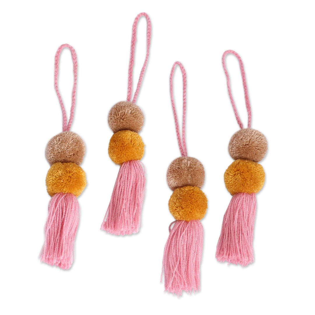 Cotton Pompom Ornaments in Amber and Taupe (Set of 4) - Brown Pompoms