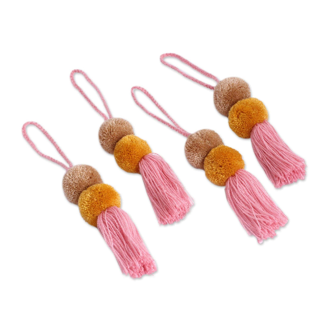 Cotton Pompom Ornaments in Amber and Taupe (Set of 4) - Brown Pompoms