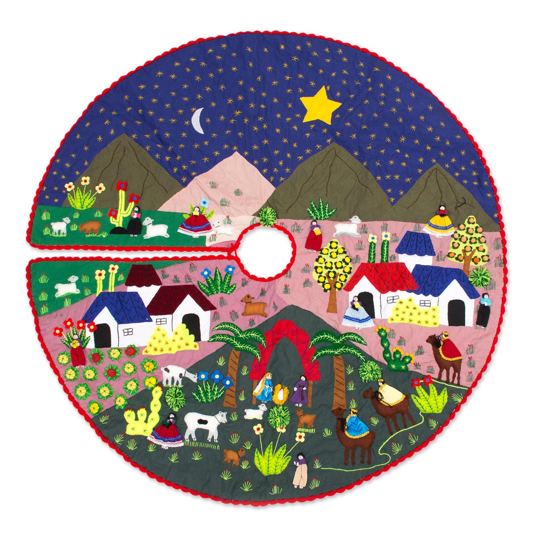Christmas-Themed Cotton Blend Applique Tree Skirt from Peru - Christmas Arrives