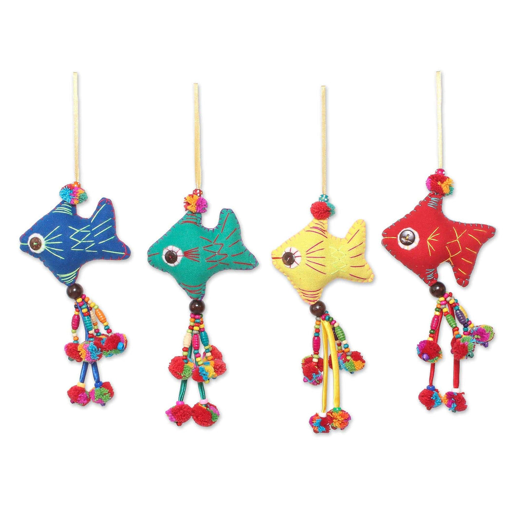 Colorful Cotton Fish Ornaments from Thailand (Set of 4) - Cheerful Fish