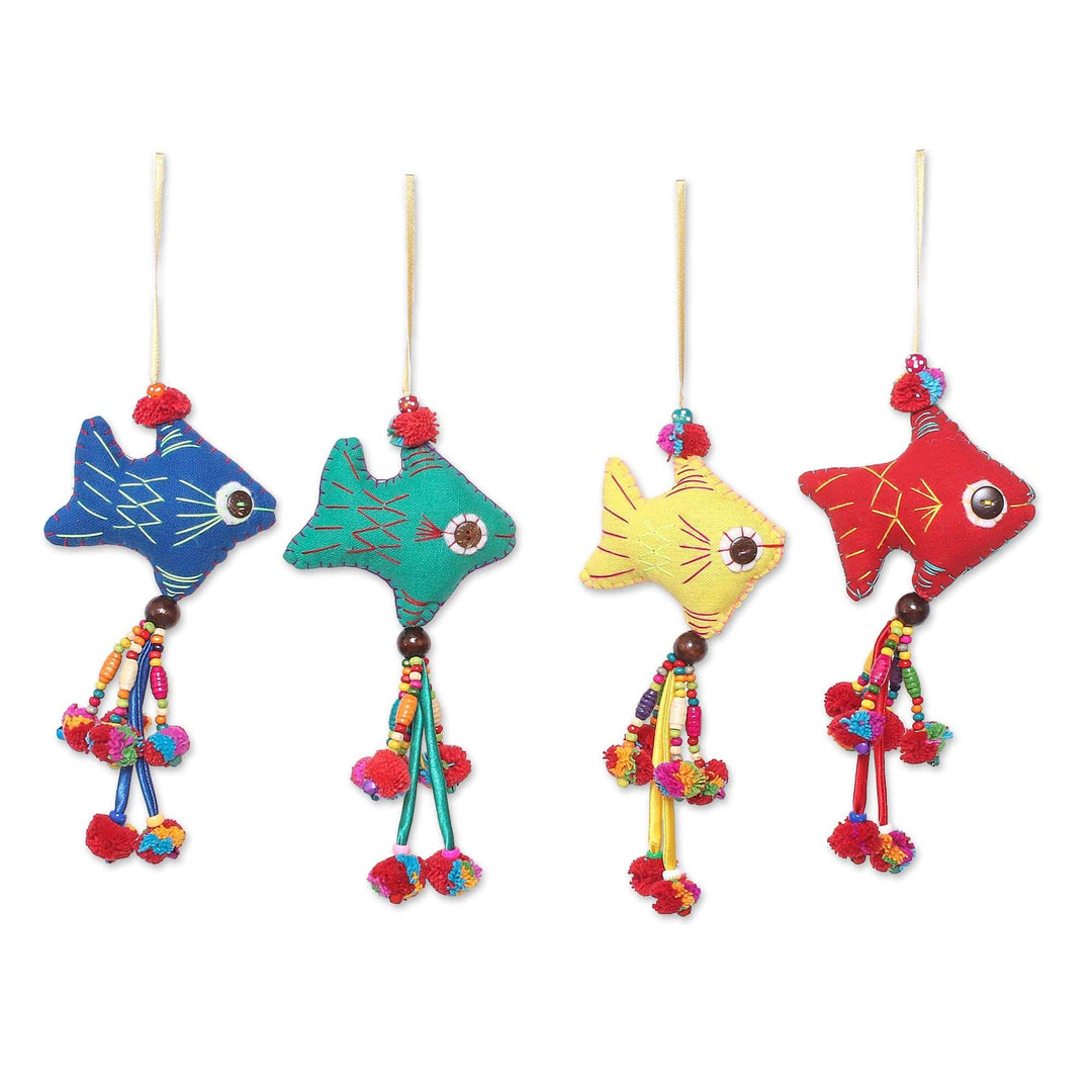 Colorful Cotton Fish Ornaments from Thailand (Set of 4) - Cheerful Fish