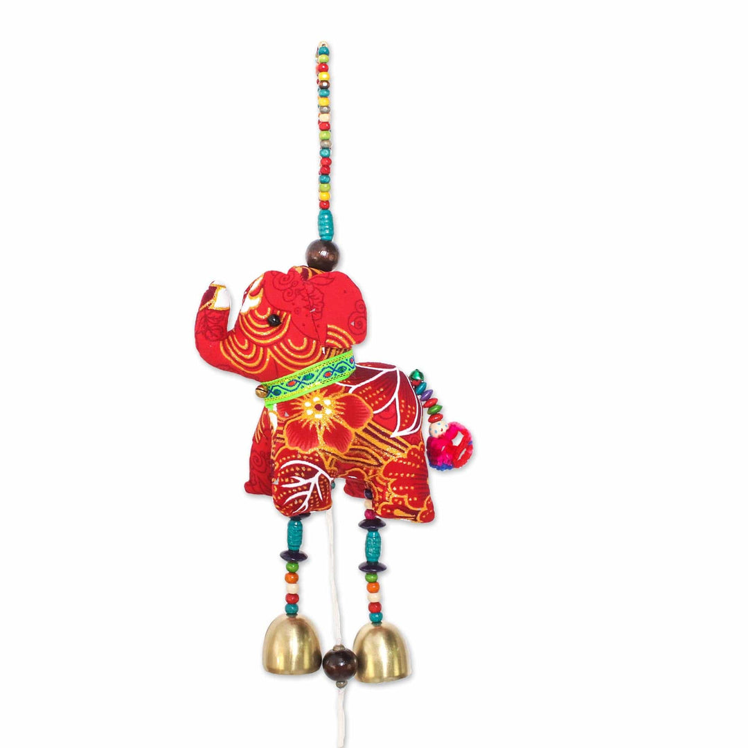 Elephant-Themed Cotton Mobile in Red from Thailand - Elephant Dance in Red