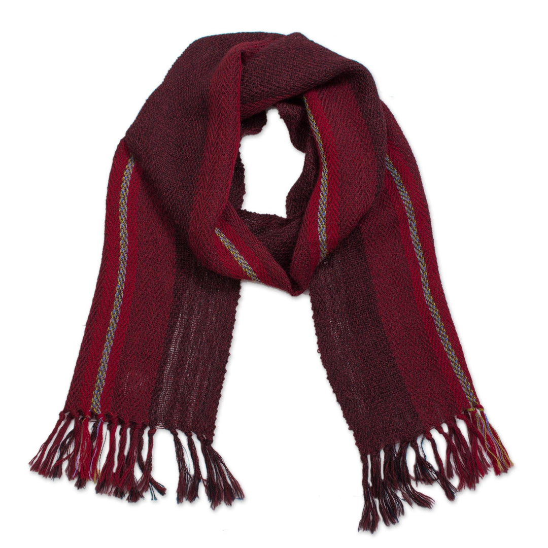 Handwoven 100% Alpaca Wrap Scarf in Crimson from Peru - Andean Zigzag in Crimson