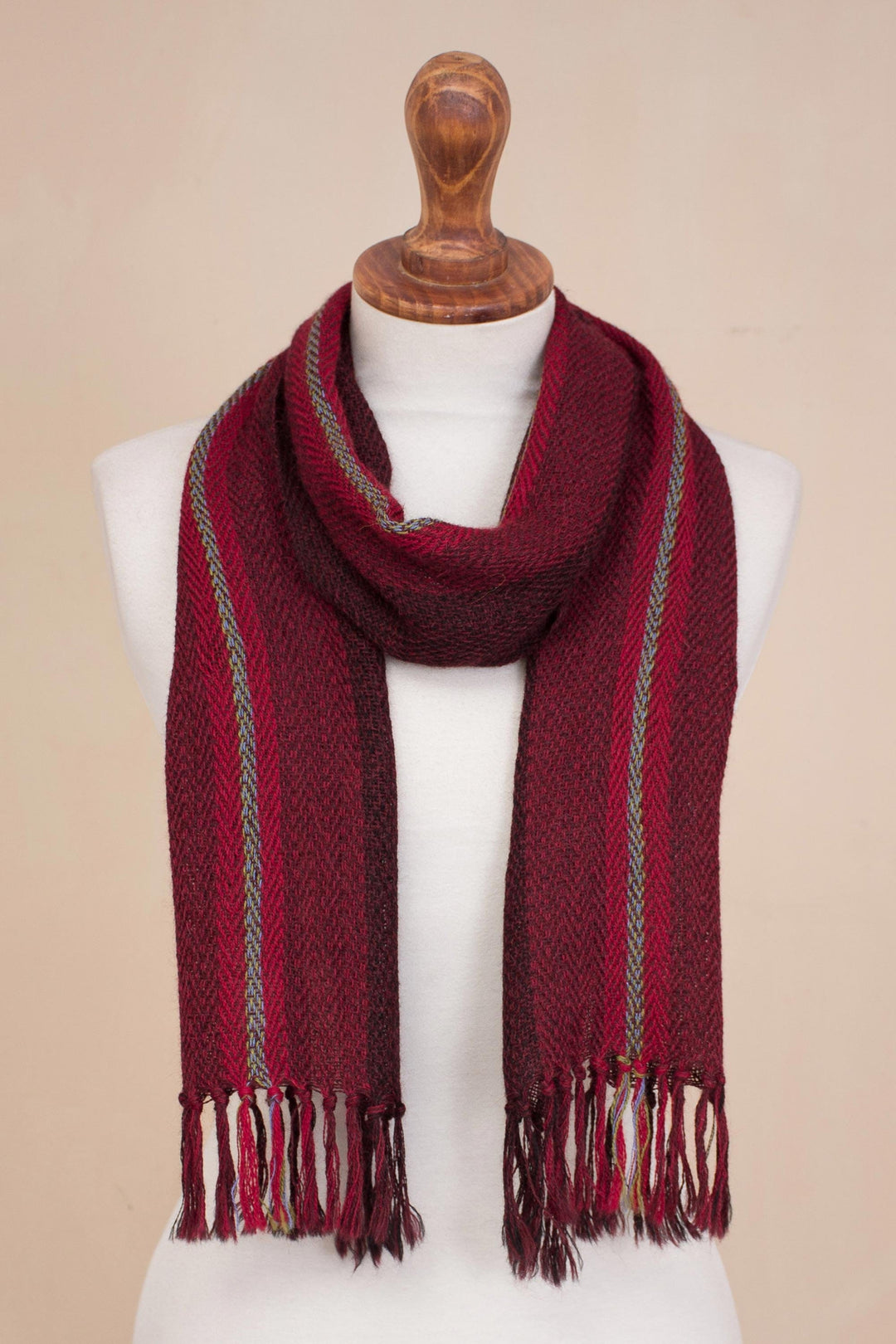 Handwoven 100% Alpaca Wrap Scarf in Crimson from Peru - Andean Zigzag in Crimson