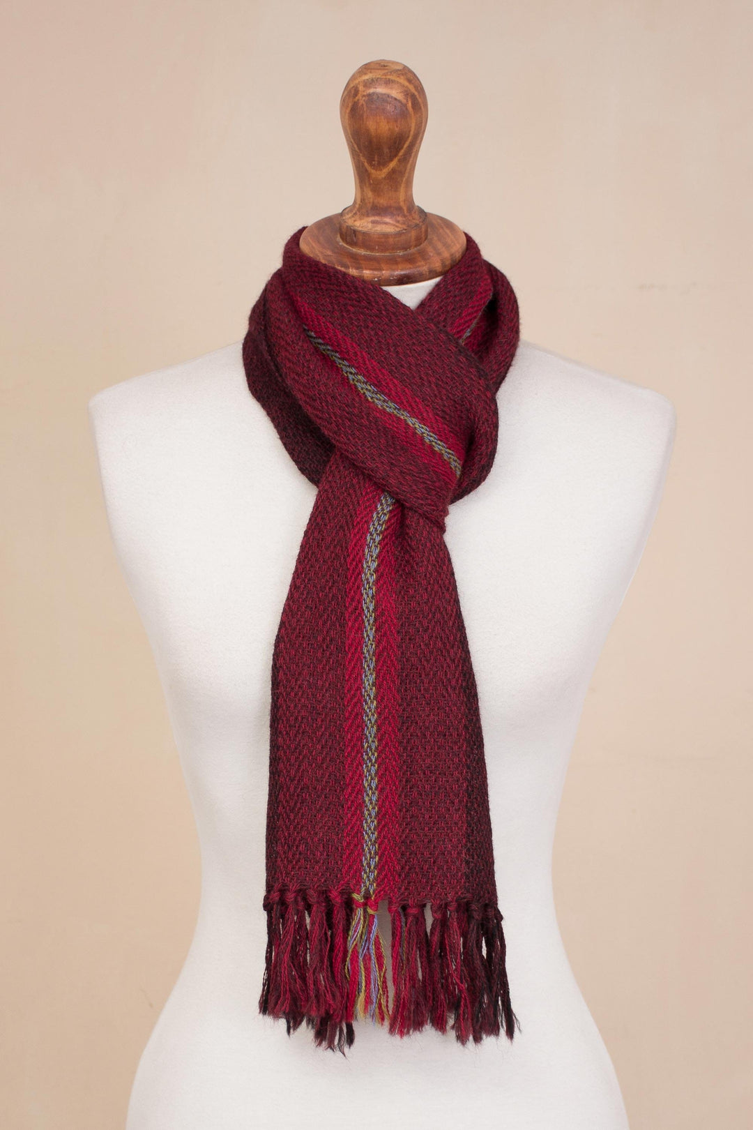 Handwoven 100% Alpaca Wrap Scarf in Crimson from Peru - Andean Zigzag in Crimson