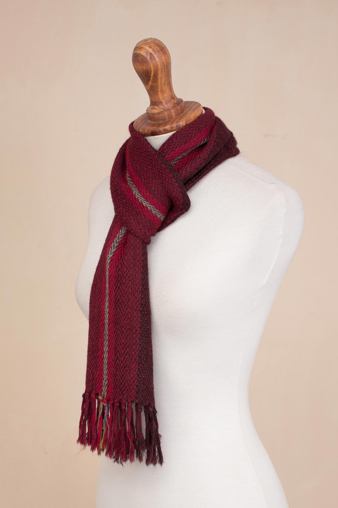 Handwoven 100% Alpaca Wrap Scarf in Crimson from Peru - Andean Zigzag in Crimson