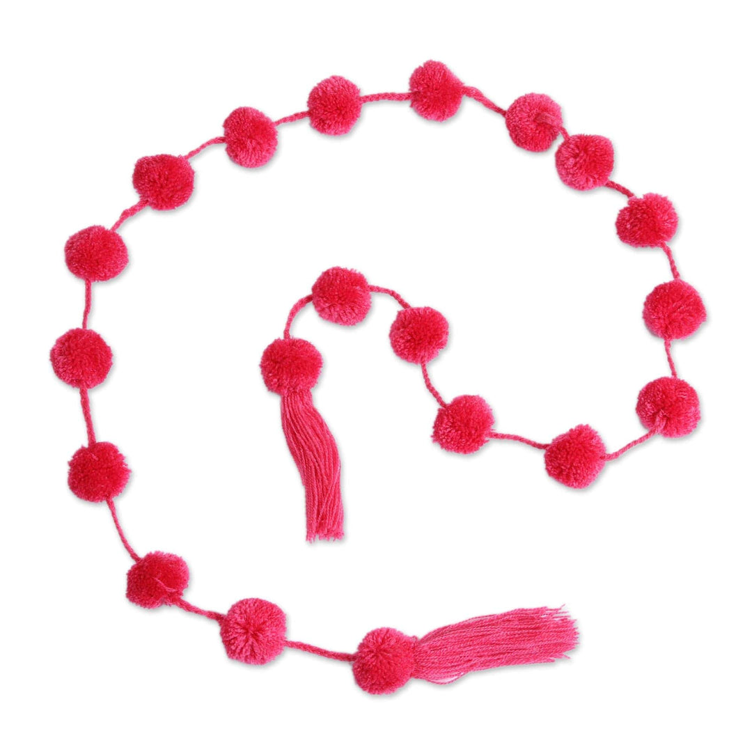 Ruby Red Cotton Pompom Handcrafted Garland from Mexico - Festive Joy in Ruby Red