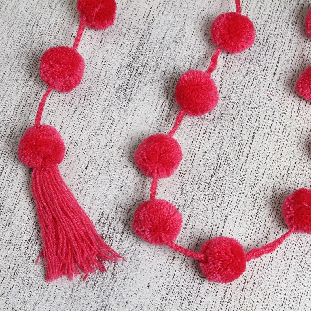 Ruby Red Cotton Pompom Handcrafted Garland from Mexico - Festive Joy in Ruby Red