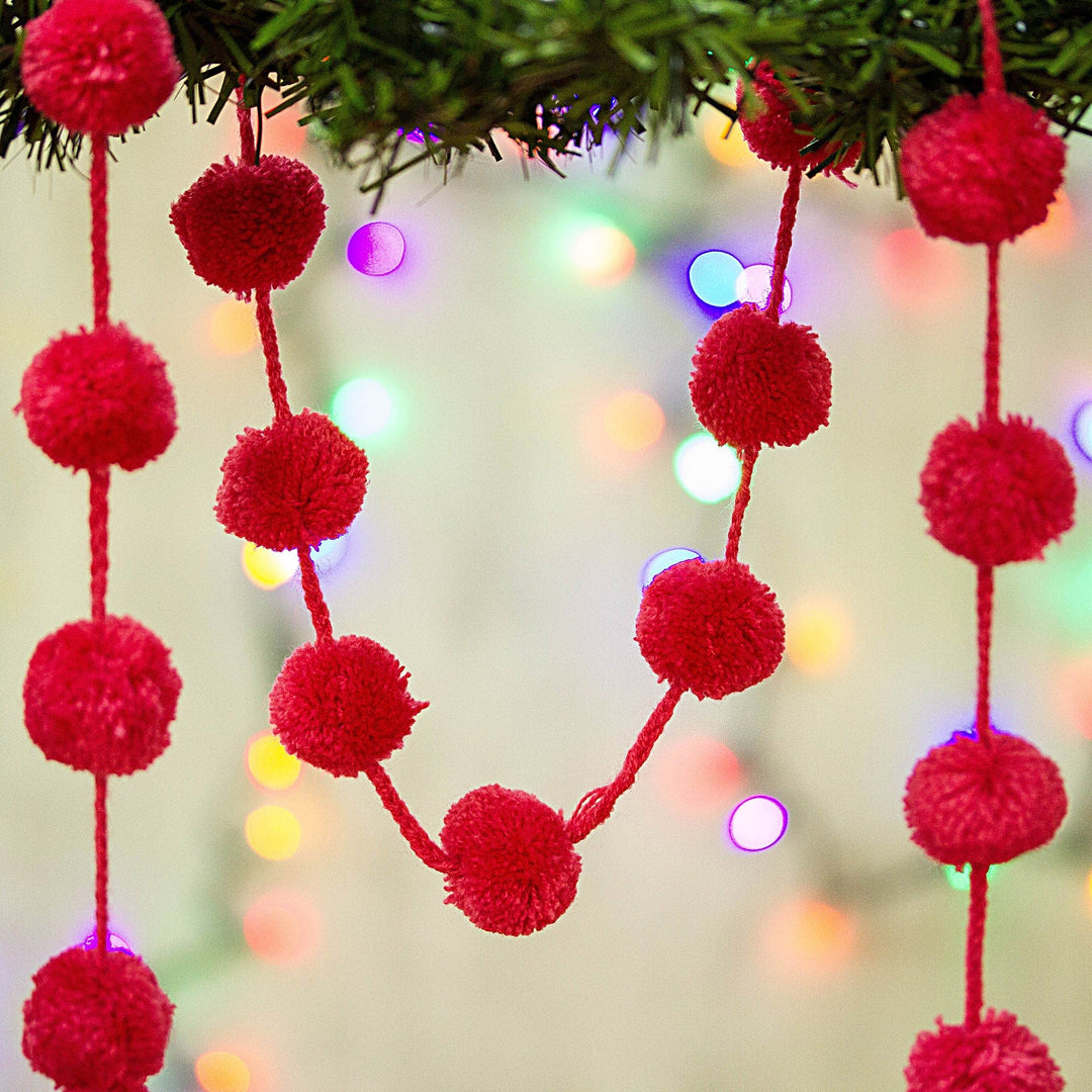 Ruby Red Cotton Pompom Handcrafted Garland from Mexico - Festive Joy in Ruby Red