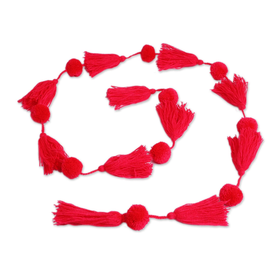 Handcrafted Deep Rose Pink Pompom and Tassel Cotton Garland - Spread the Joy in Deep Rose