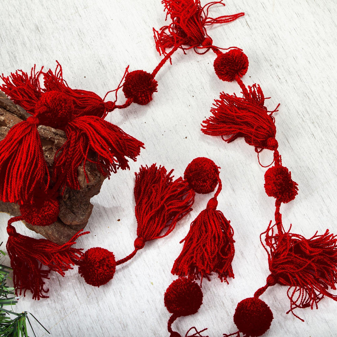 Handcrafted Cherry Red Pompom and Tassel Cotton Garland - Spread the Joy in Cherry Red