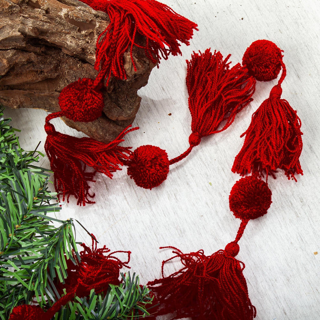 Handcrafted Cherry Red Pompom and Tassel Cotton Garland - Spread the Joy in Cherry Red