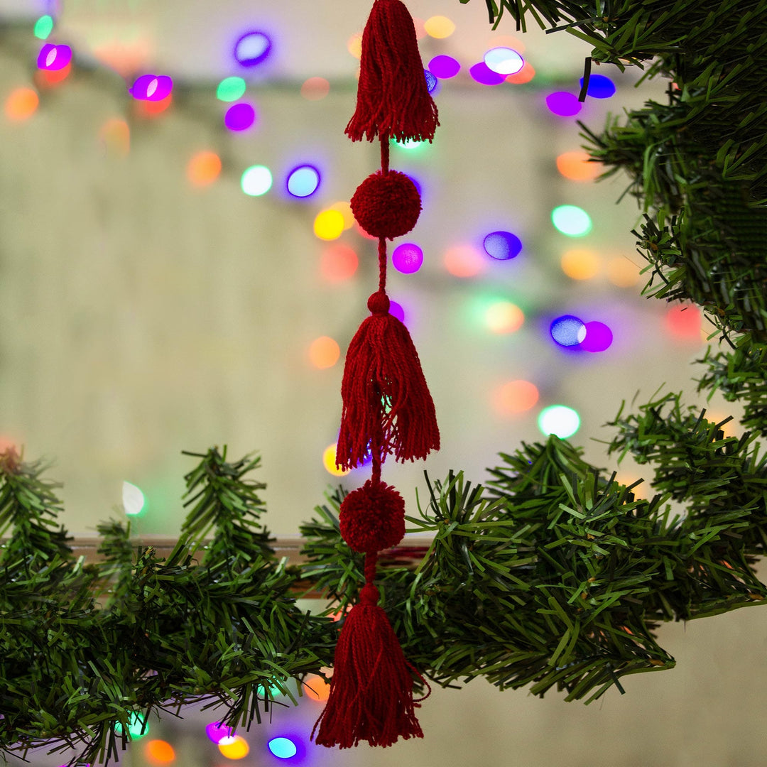 Handcrafted Cherry Red Pompom and Tassel Cotton Garland - Spread the Joy in Cherry Red