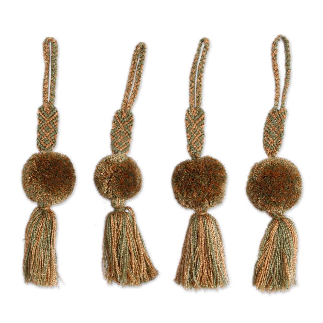 Olive Green Cotton Pompom and Tassel Ornaments (Set of 4) - Sweet Joy in Olive