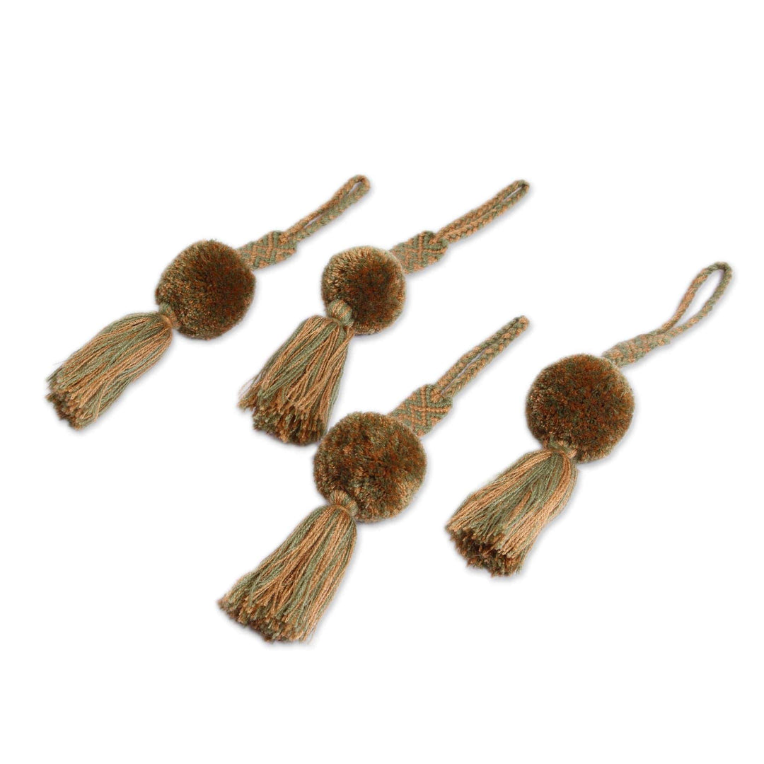 Olive Green Cotton Pompom and Tassel Ornaments (Set of 4) - Sweet Joy in Olive