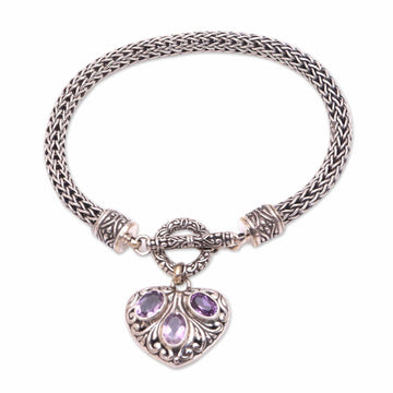 Heart-Shaped Amethyst Chain Bracelet from Bali - Three Times the Love