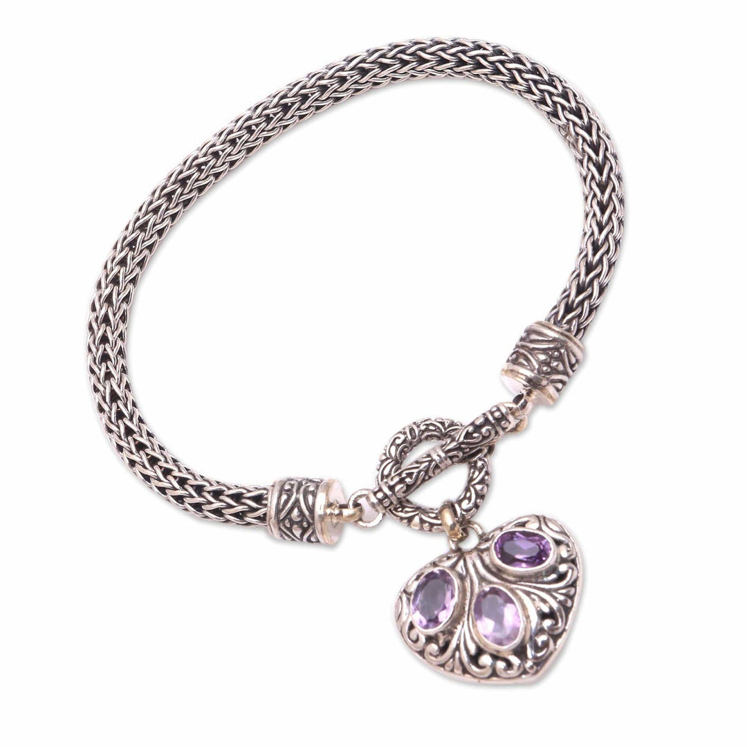 Heart-Shaped Amethyst Chain Bracelet from Bali - Three Times the Love