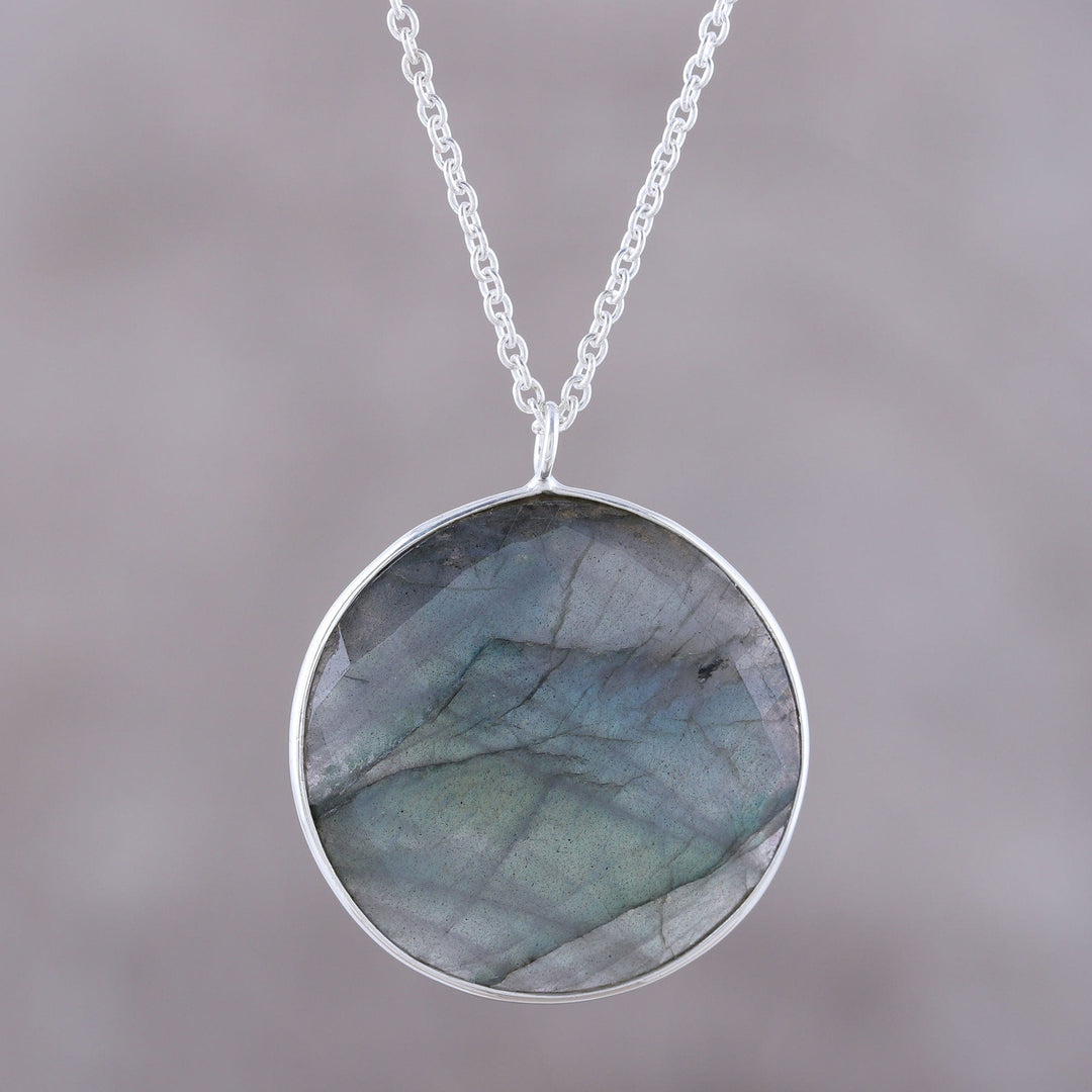 Circular Labradorite Pendant Necklace from India - Aurora Moon