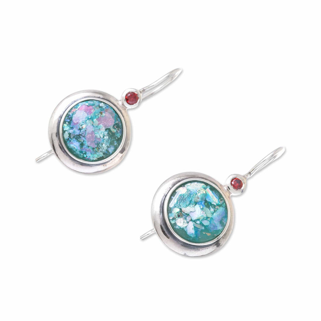 Round Garnet and Roman Glass Drop Earrings from Thailand - Roman Circles