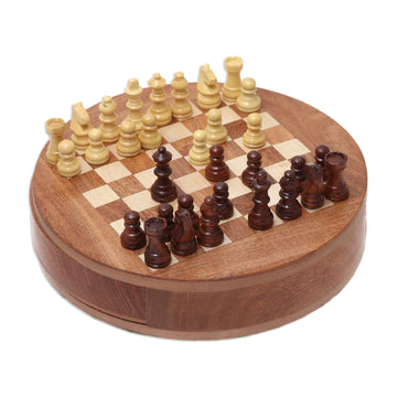 Handcrafted Round Acacia and Kadam Wood Chess Set from India - Fun Times