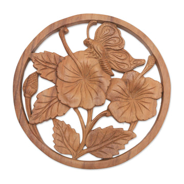 Floral Butterfly Suar Wood Relief Panel Crafted in Bali - Butterfly on a Flower