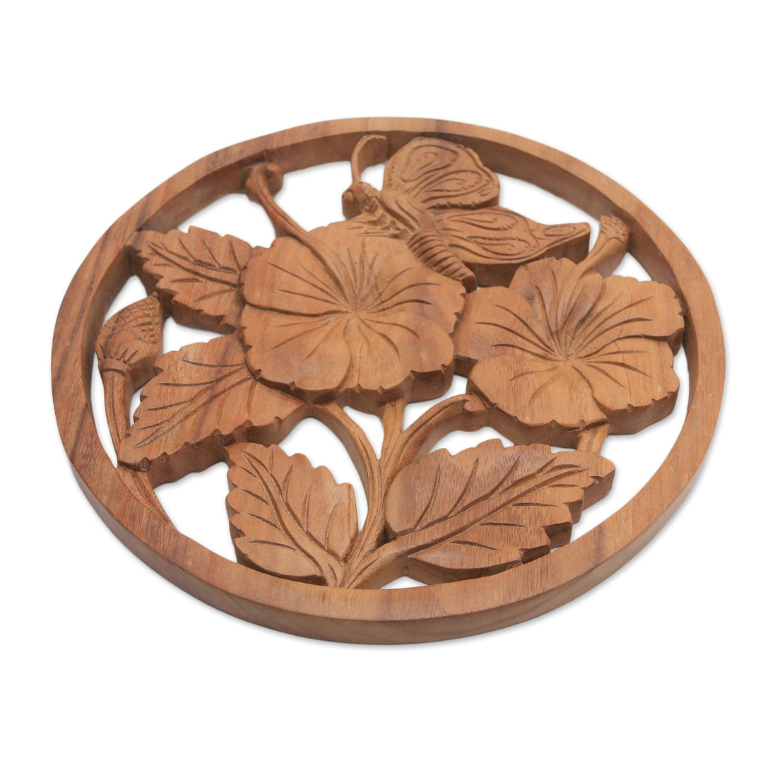 Floral Butterfly Suar Wood Relief Panel Crafted in Bali - Butterfly on a Flower