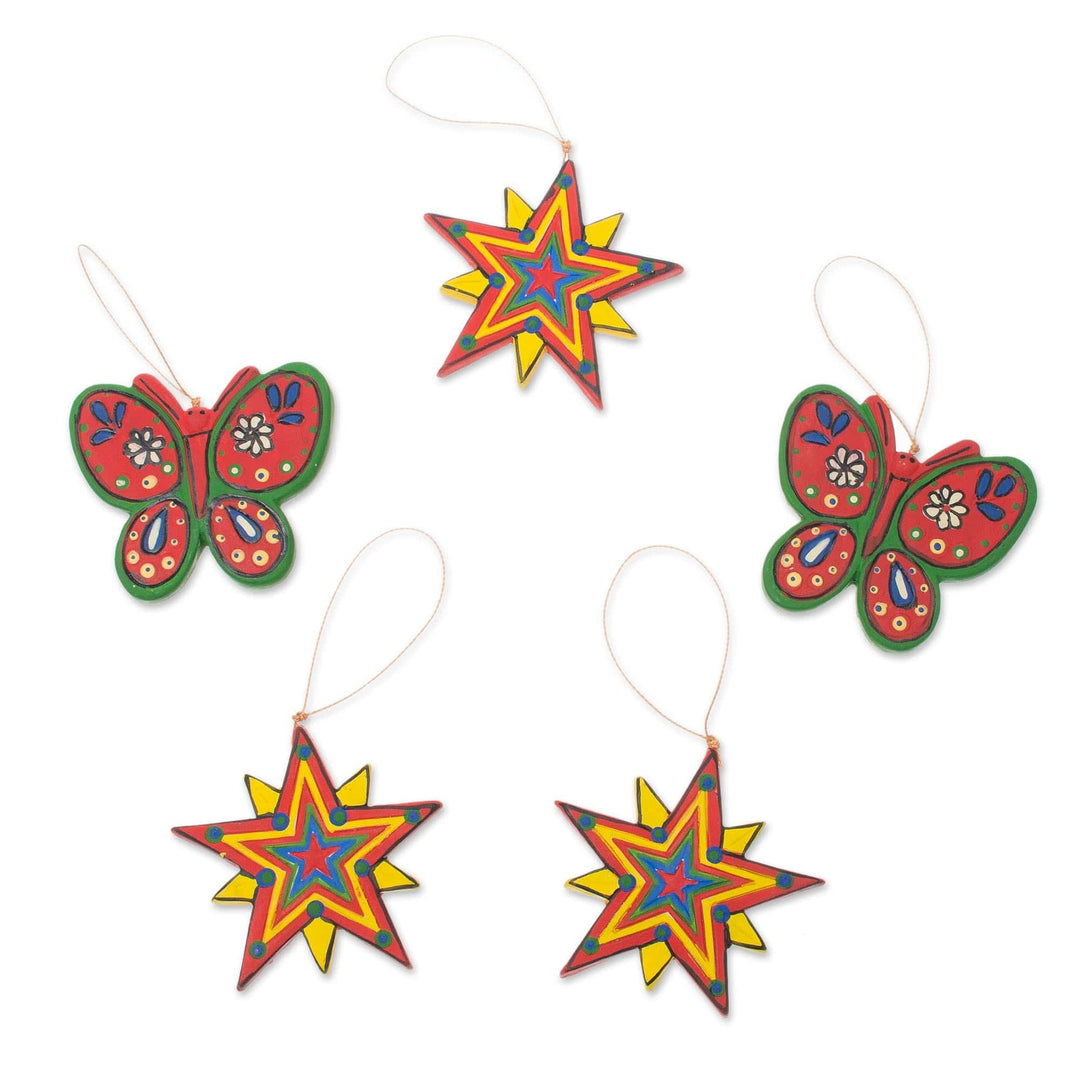 Hand-Painted Ceramic Star and Butterfly Ornaments (Set of 5) - Stars and Butterflies