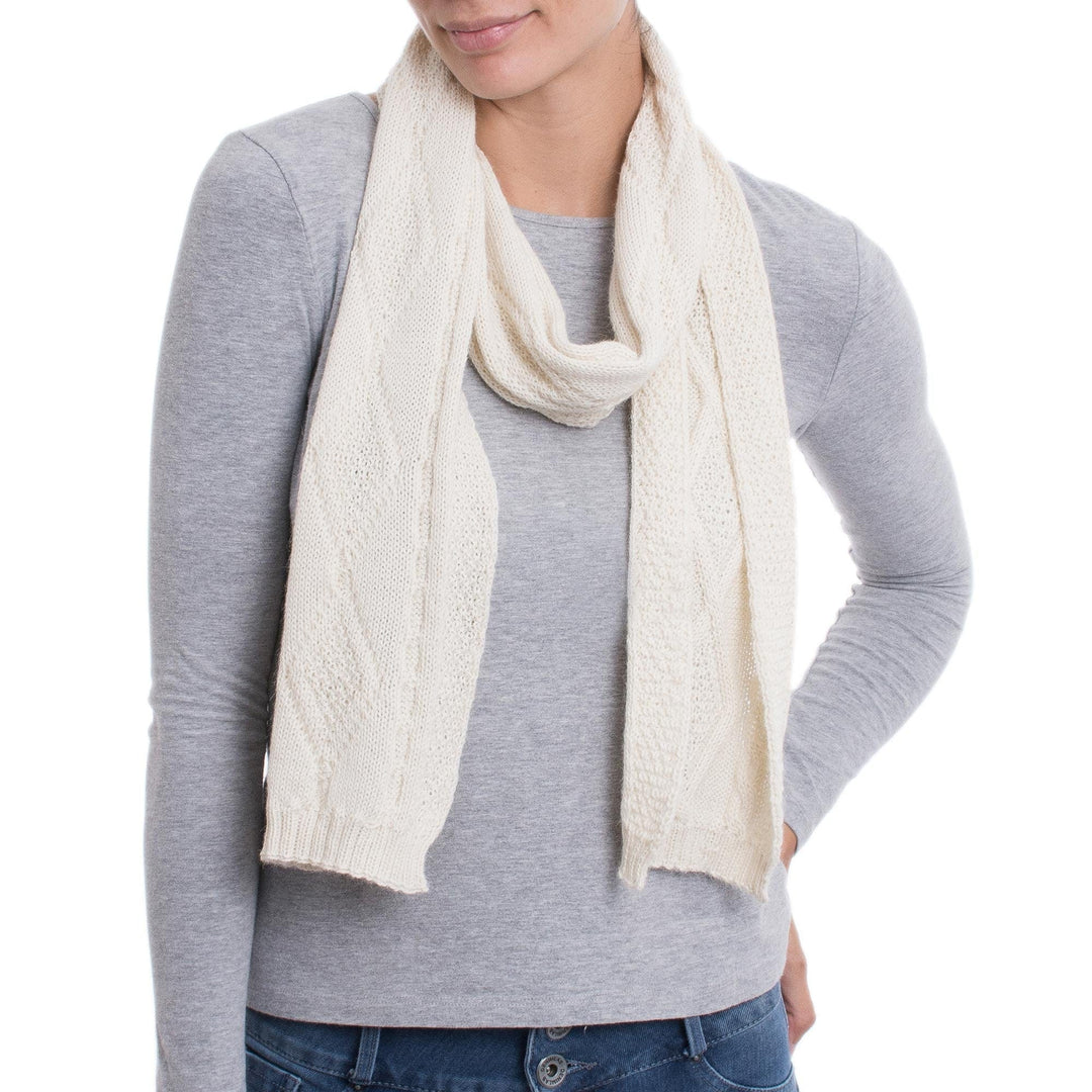 100% Alpaca Knit Wrap Scarf in Alabaster from Peru - Alabaster Diamonds