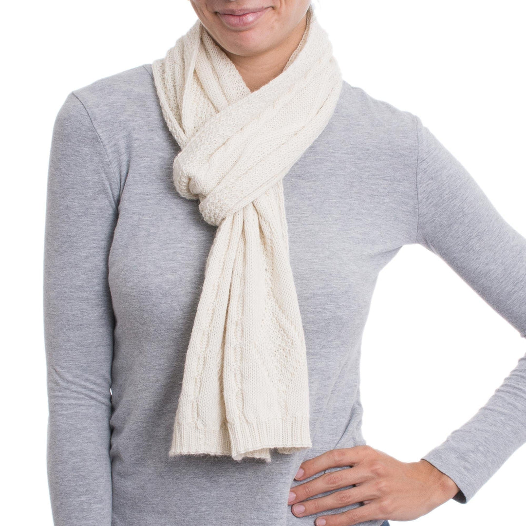 100% Alpaca Knit Wrap Scarf in Alabaster from Peru - Alabaster Diamonds