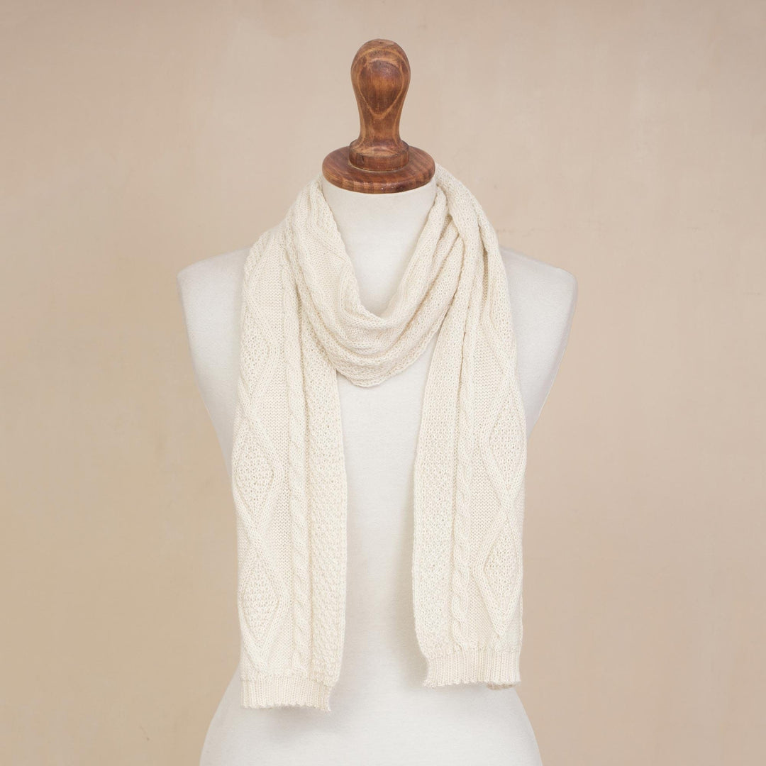 100% Alpaca Knit Wrap Scarf in Alabaster from Peru - Alabaster Diamonds