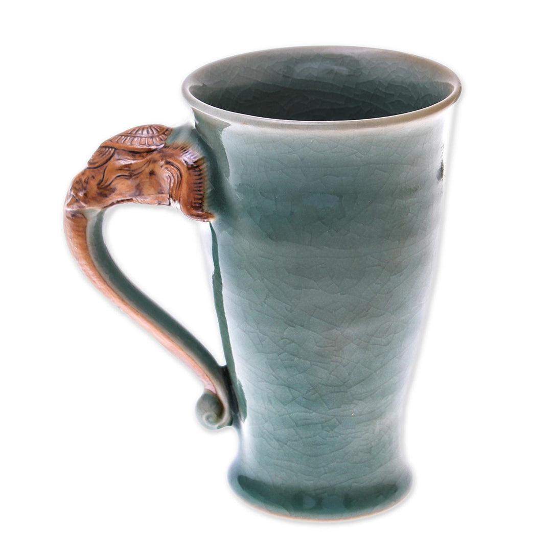 Elephant-Themed Celadon Ceramic Mug from Thailand - Elephant Handle in Green