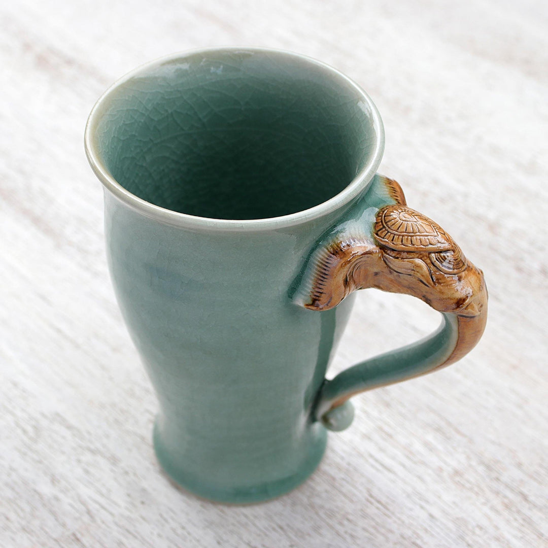 Elephant-Themed Celadon Ceramic Mug from Thailand - Elephant Handle in Green