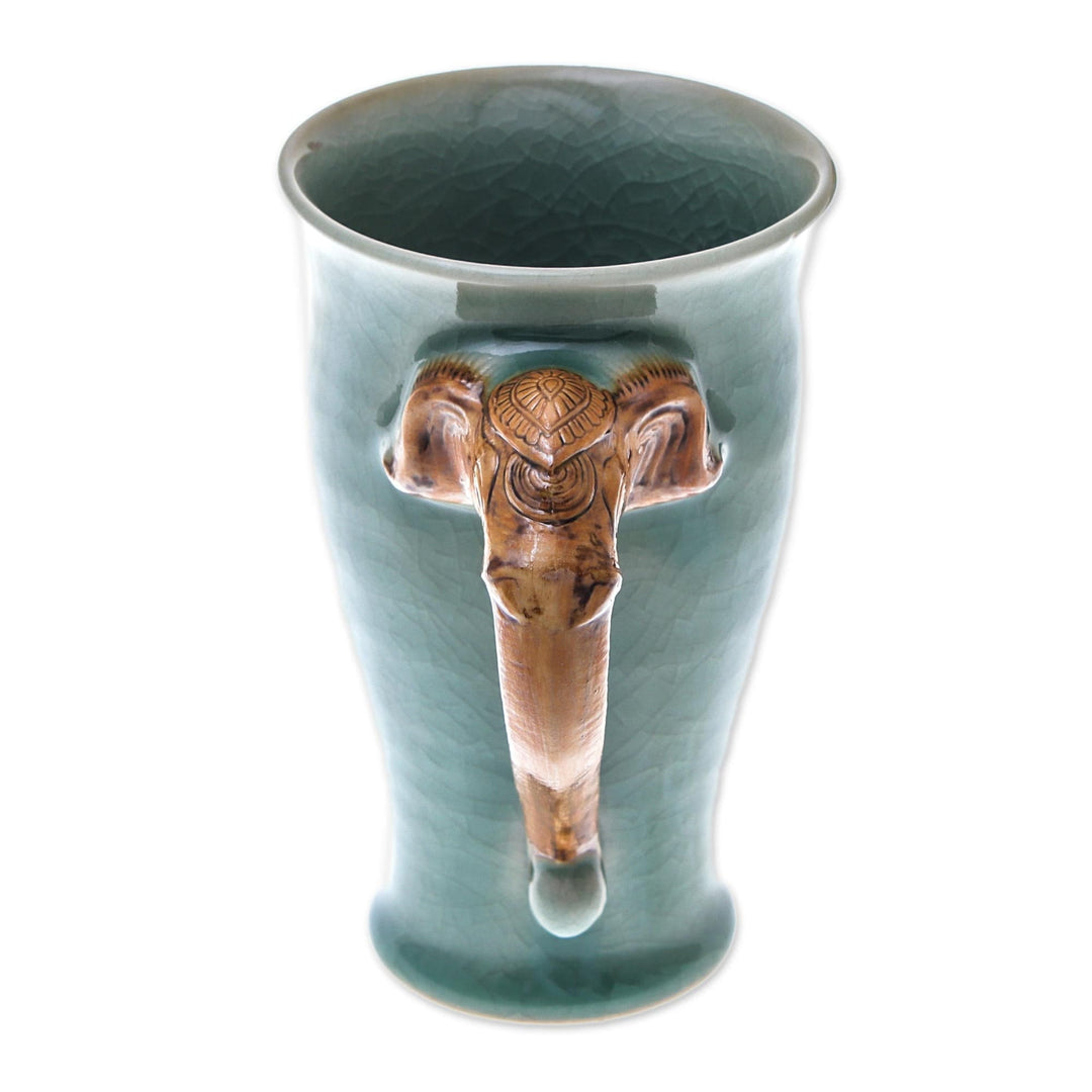 Elephant-Themed Celadon Ceramic Mug from Thailand - Elephant Handle in Green