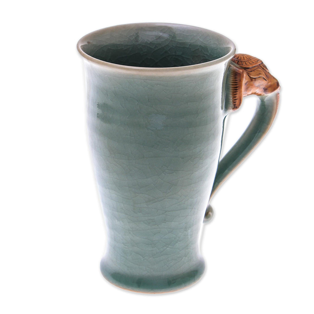 Elephant-Themed Celadon Ceramic Mug from Thailand - Elephant Handle in Green