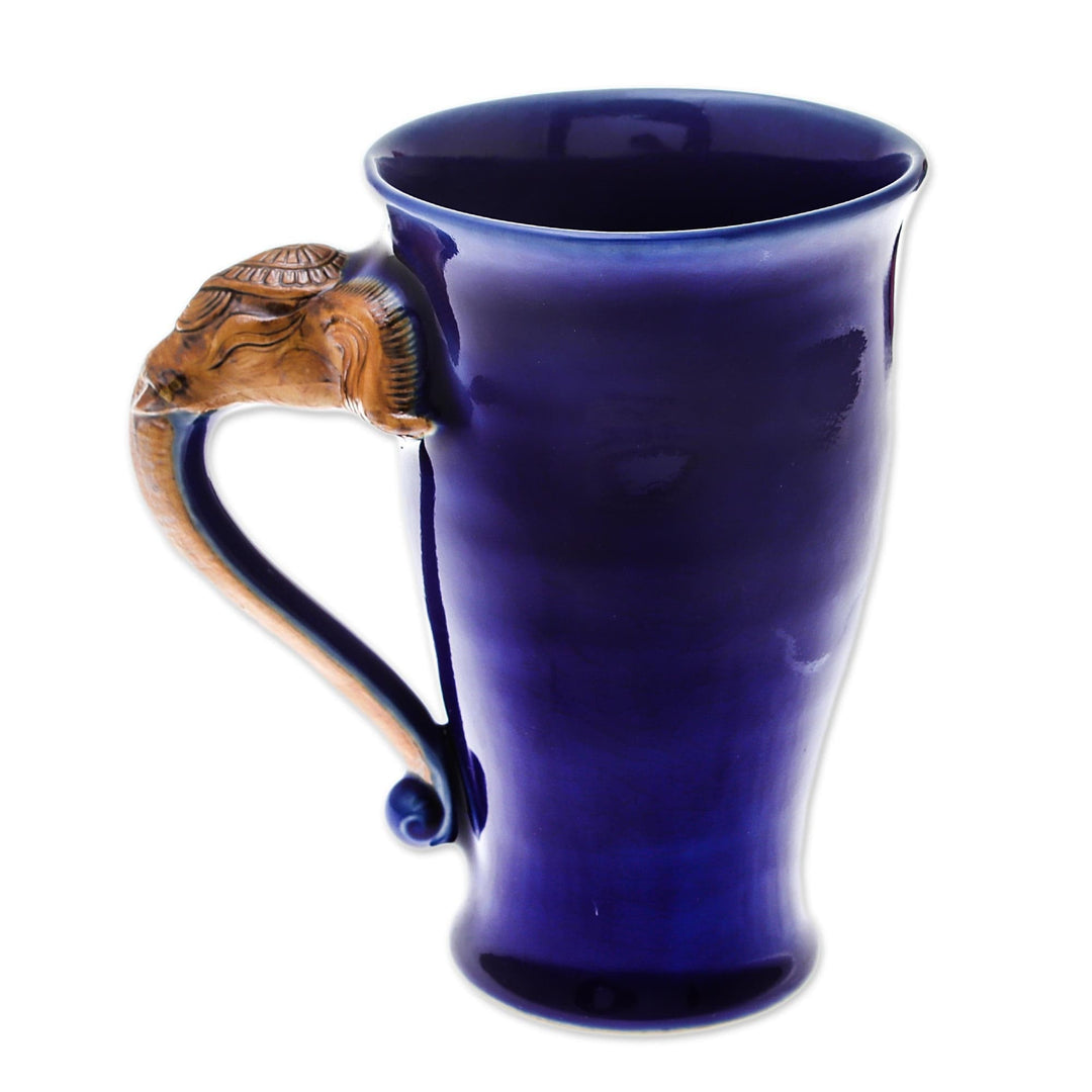 Thai Elephant-Themed Celadon Ceramic Mug in Blue - Elephant Handle in Blue