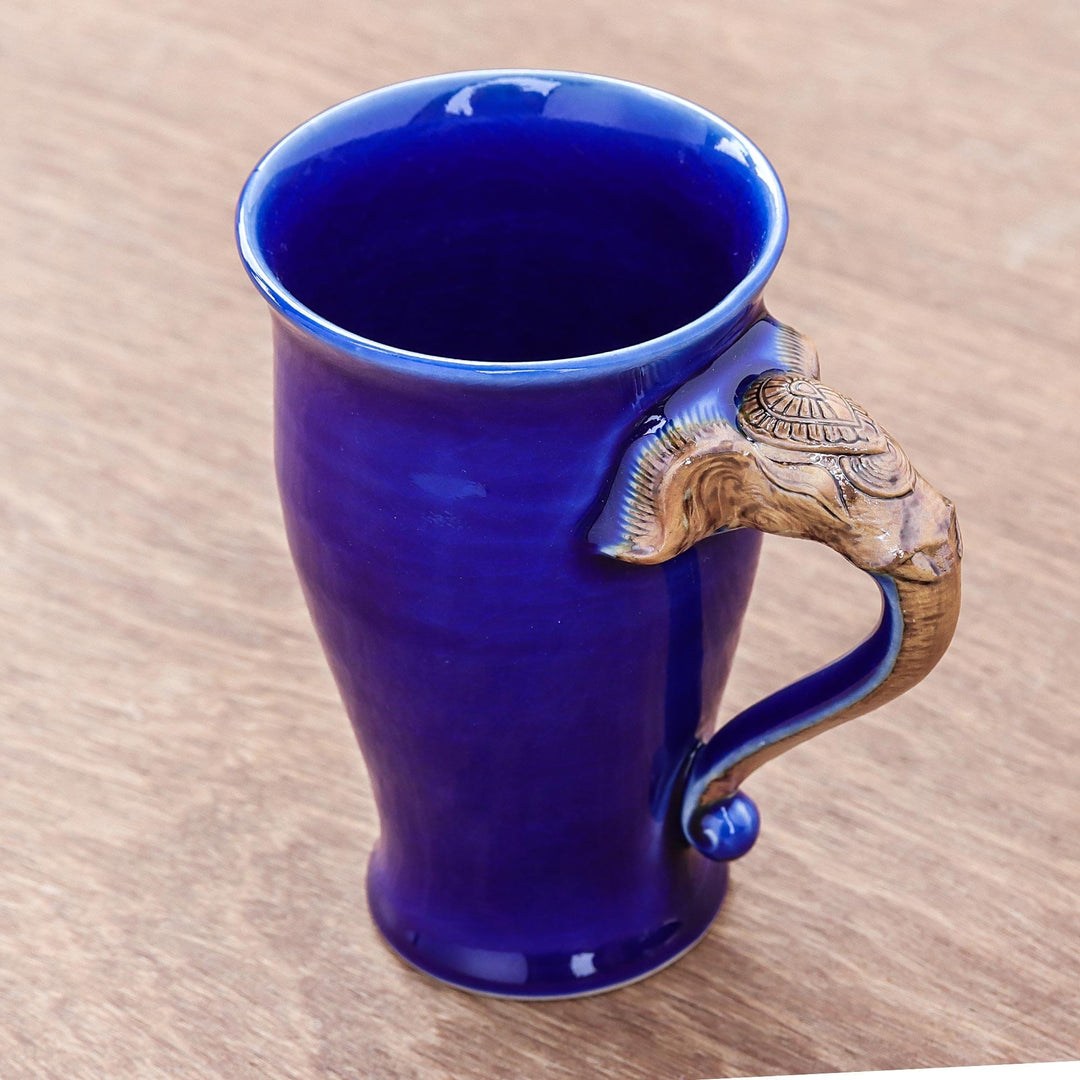 Thai Elephant-Themed Celadon Ceramic Mug in Blue - Elephant Handle in Blue
