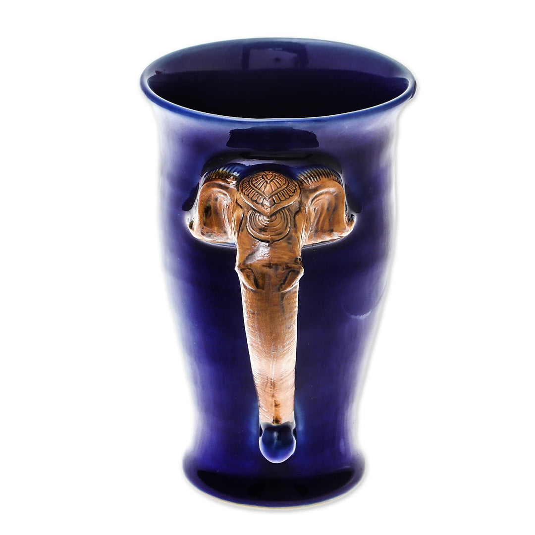 Thai Elephant-Themed Celadon Ceramic Mug in Blue - Elephant Handle in Blue