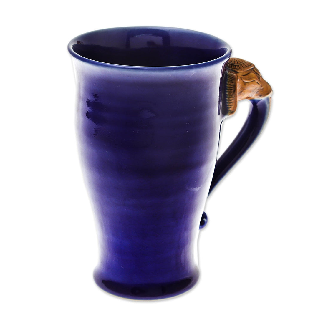 Thai Elephant-Themed Celadon Ceramic Mug in Blue - Elephant Handle in Blue