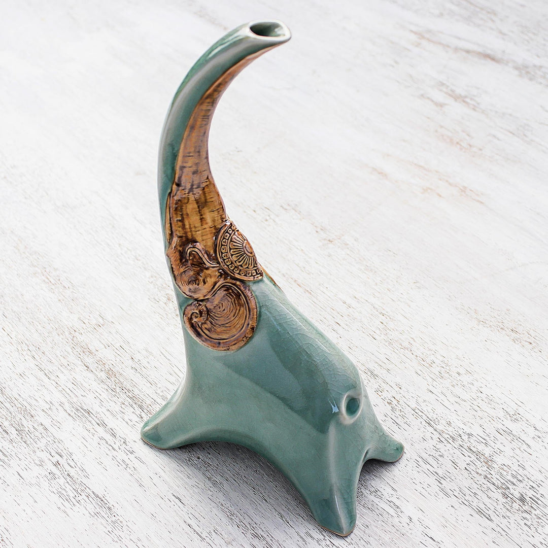 Celadon Ceramic Elephant Vase from Thailand - Cheerful Trumpet