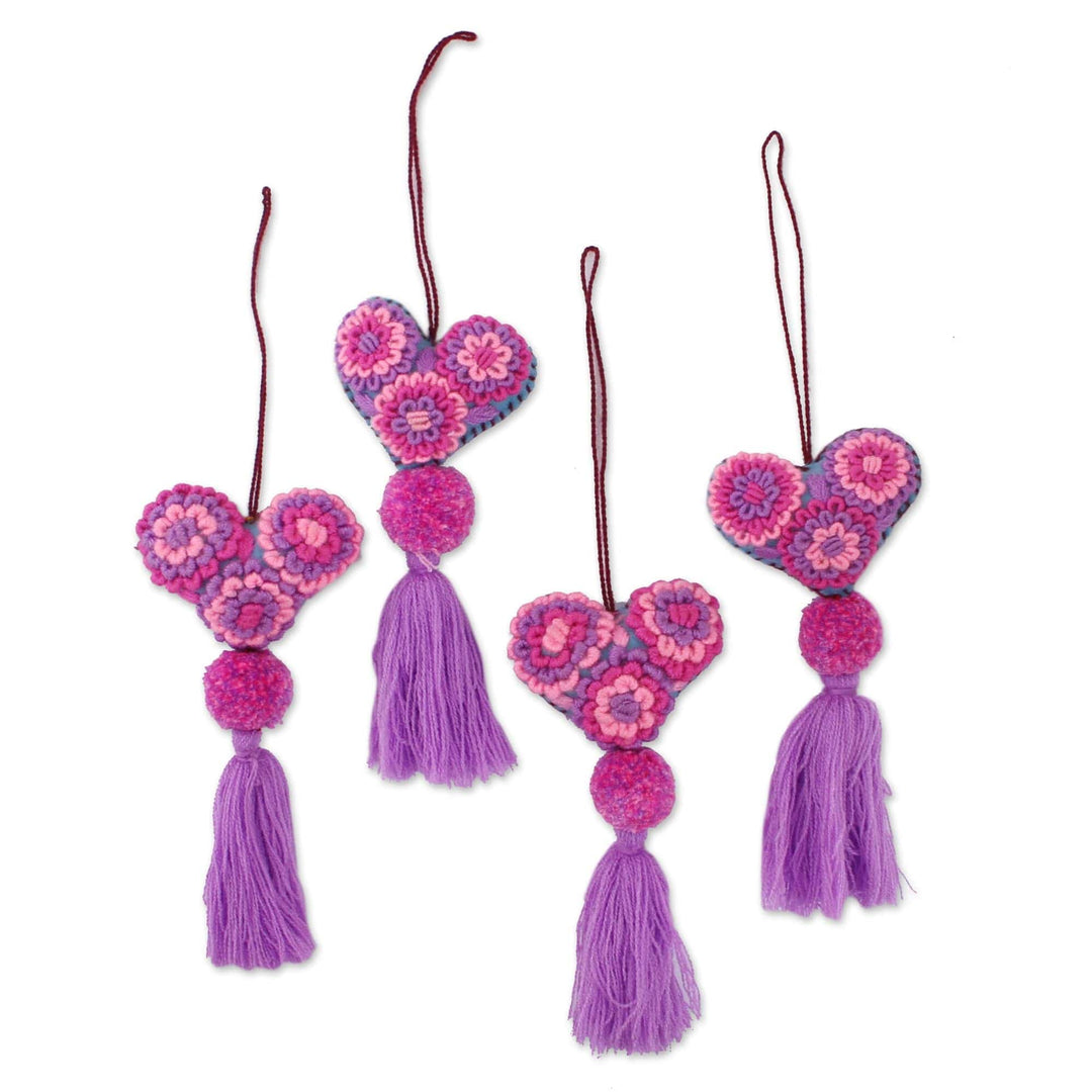 Handcrafted Pink and Purple Heart Ornaments (Set of 4) - Heart's Joy in Pink