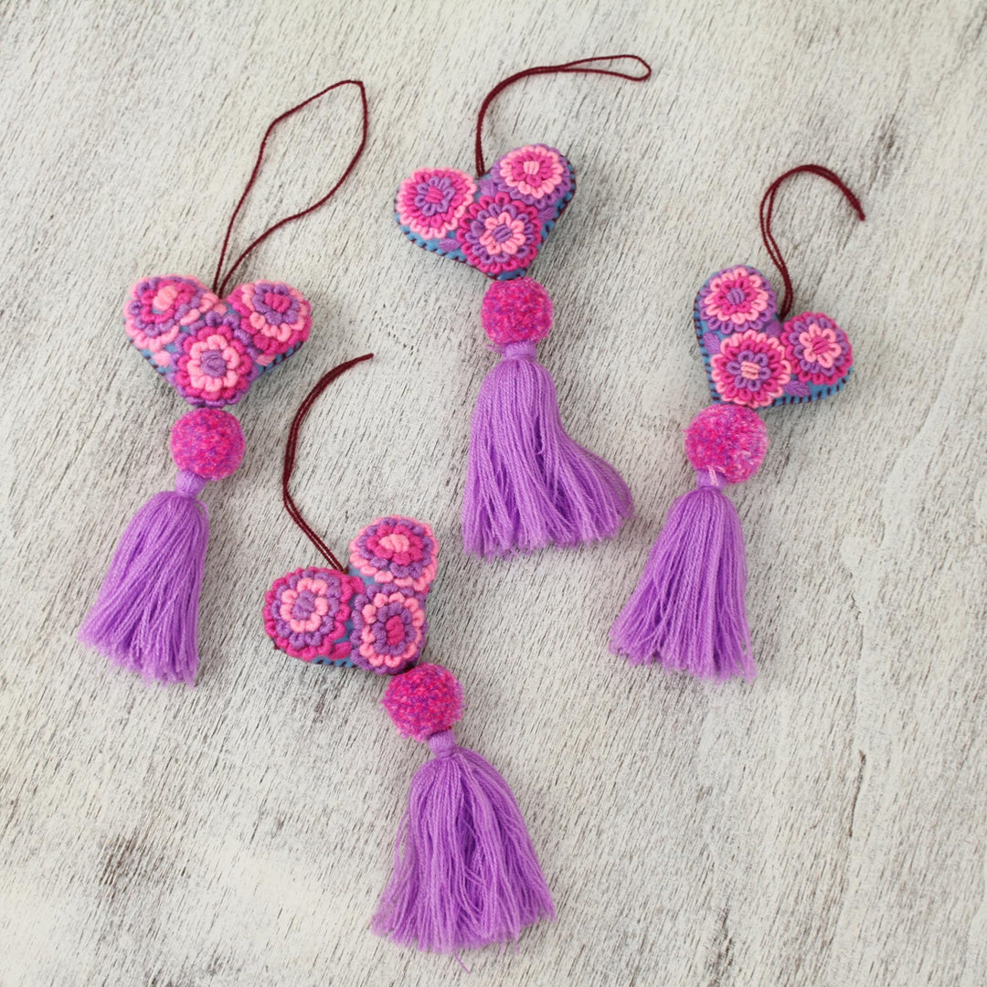 Handcrafted Pink and Purple Heart Ornaments (Set of 4) - Heart's Joy in Pink