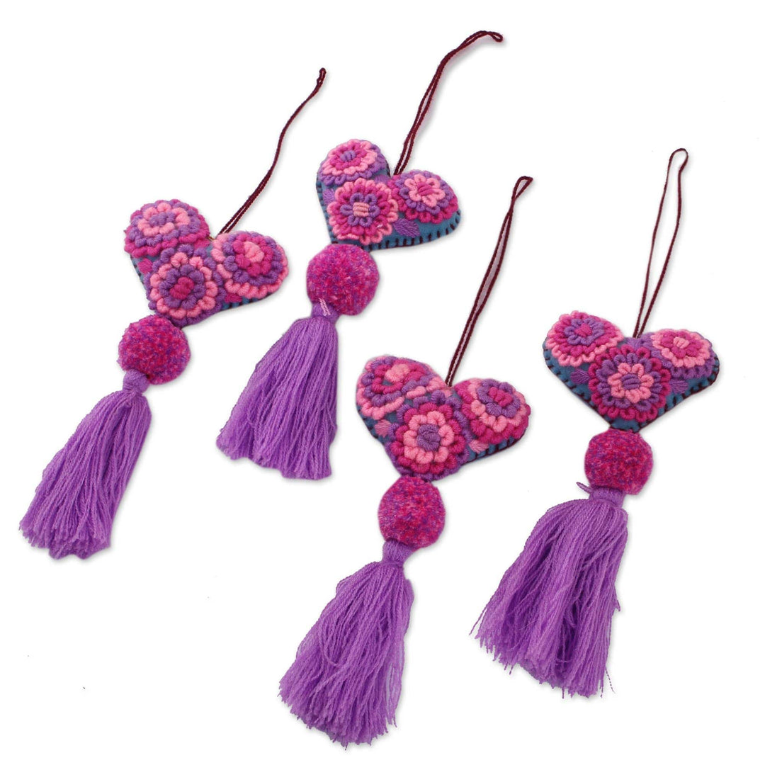 Handcrafted Pink and Purple Heart Ornaments (Set of 4) - Heart's Joy in Pink